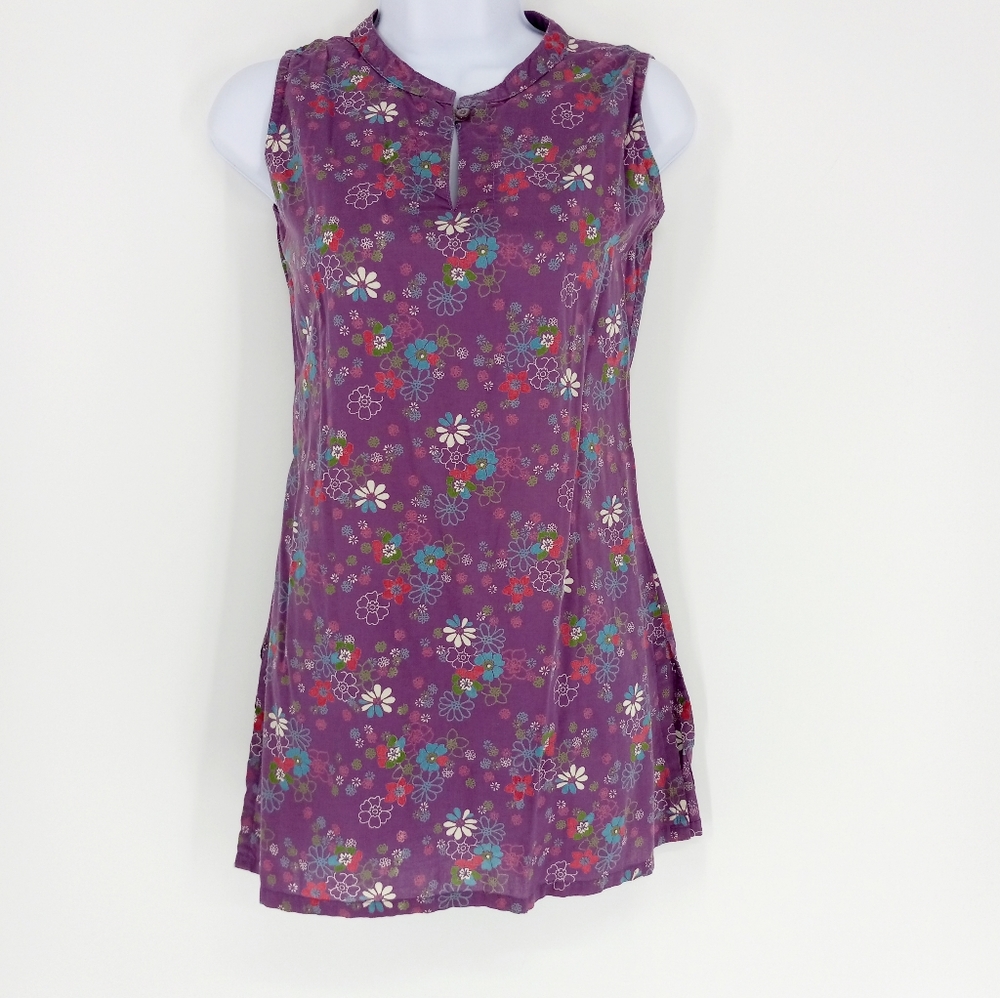 Mitra Handworks XS Purple Flower Boho Hippie Sleeveless Slit Long Tunic Tank